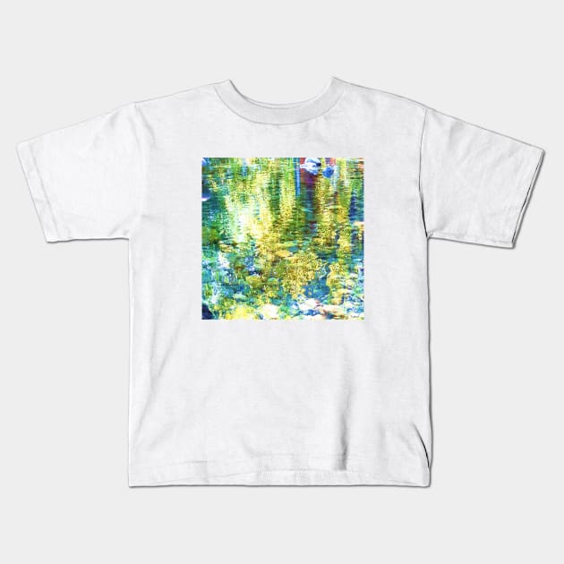 Sparks of gold on the water, sparkle, water, gold, shine, sun, turquoise, aqua, color, abstract, navy, blue, pebbles, river, reflection, summer, adventure, nature, beach, sea, ocean, Kids T-Shirt by PrintedDreams